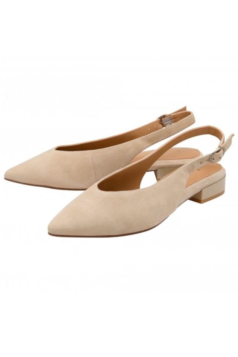 Beige suede slingback pointed-toe pumps with a low block heel and ankle strap.