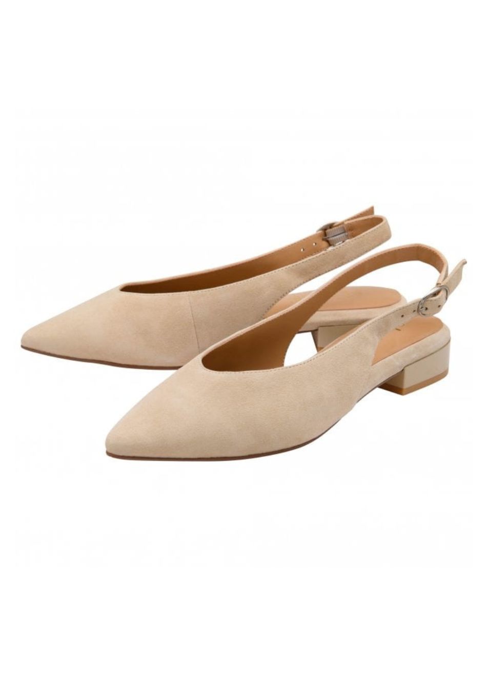Beige suede slingback pointed-toe pumps with a low block heel and ankle strap.