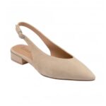 Beige suede slingback pump with a low block heel and ankle strap, shown from a side angle.