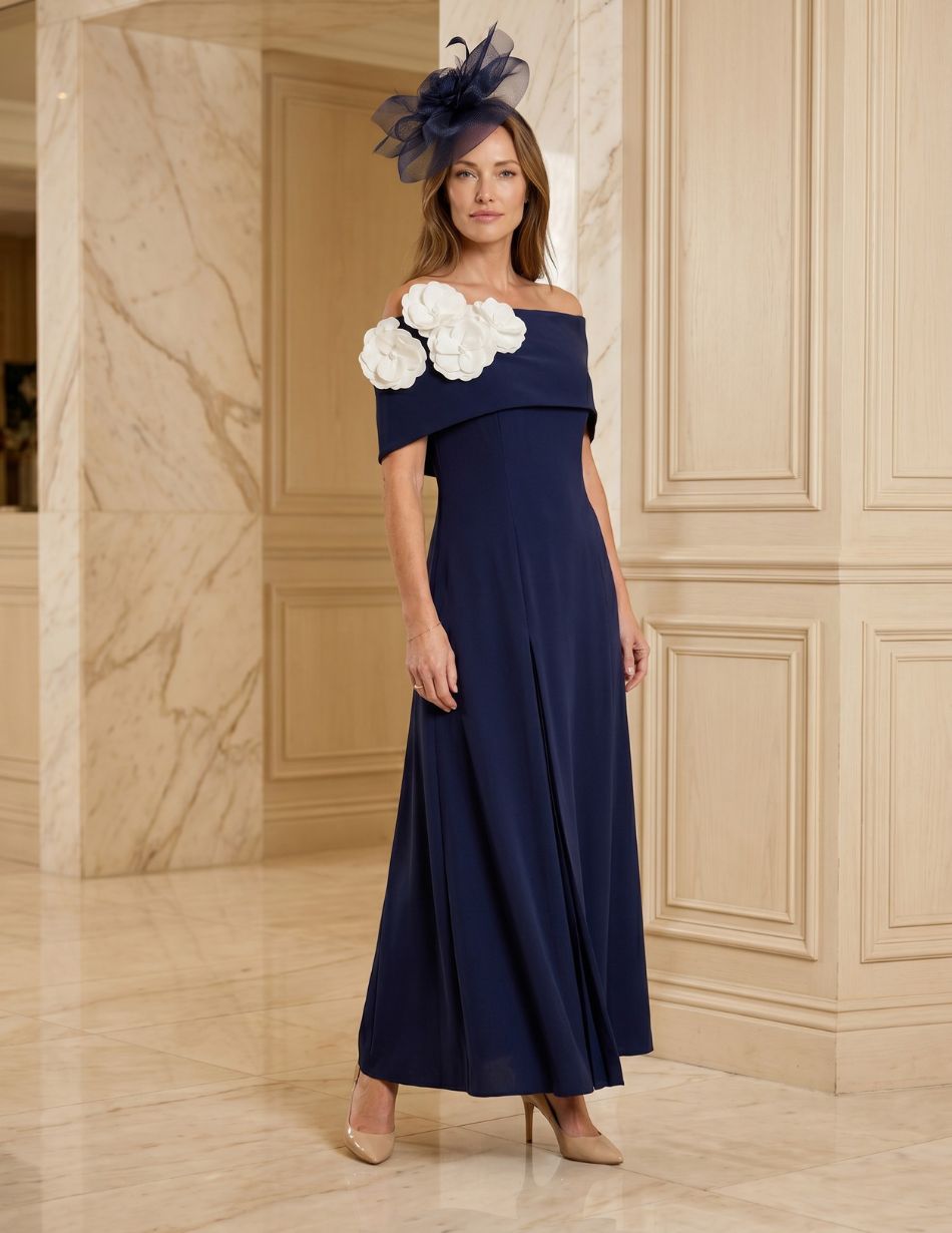 John Charles 29378A Navy & Ivory Cape Detail Dress