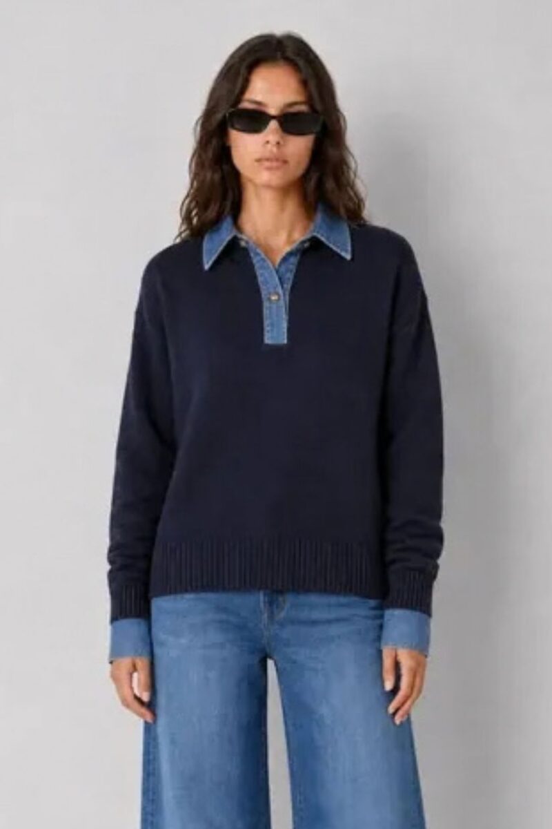 Elan Navy Shirt Collar Knit Jumper