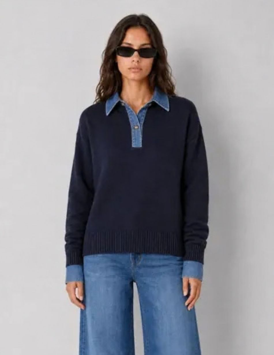 Elan Navy Shirt Collar Knit Jumper