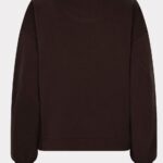 Back view of a dark brown crewneck sweatshirt with ribbed cuffs and hem.