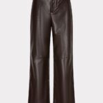 Dark brown faux leather wide-leg trousers with a high waist, full length