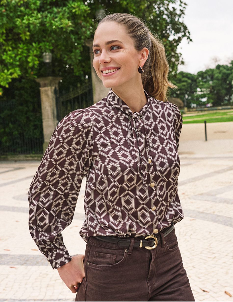 Esqualo Geo Print Brown Satin Blouse 14508