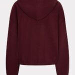 Back view of a burgundy hoodie with attached hood, long sleeves, and an elasticized hem and cuffs.