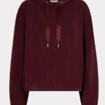 Maroon hoodie with a hood, drawstrings, and a subtle textured stripe down the sleeves.