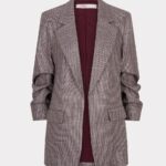 Houndstooth blazer with burgundy lining, notched lapels, front flap pockets, shown open.