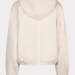 Back view of a pale cream hoodie with a roomy hood, long sleeves, and an elasticized hem and cuffs.