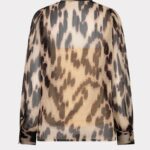 Back view of a sheer animal-print blouse with long sleeves in beige and gray tones.