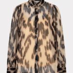 Beige and brown leopard-print sheer button-down blouse with long sleeves and a collar.