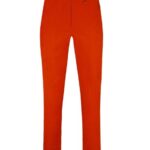 Bright orange-red women's trousers with a straight leg and pull-on waistband, brand tag visible inside the waistband