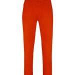 Back view of bright orange pants with two rear pockets and a high waist.