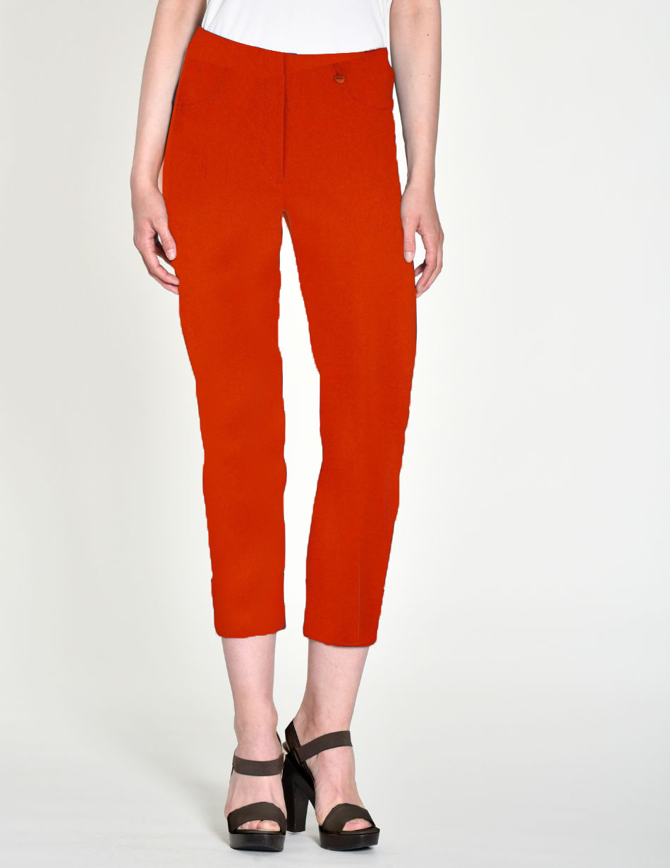 right size assets for website - bella 51568 68 mid blue Orange-red cropped pants worn by a model, paired with a white top and brown platform sandals.